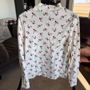 Croft & Barrow Christmas Mock Neck Top White Cardinal Bird Print Women's Small